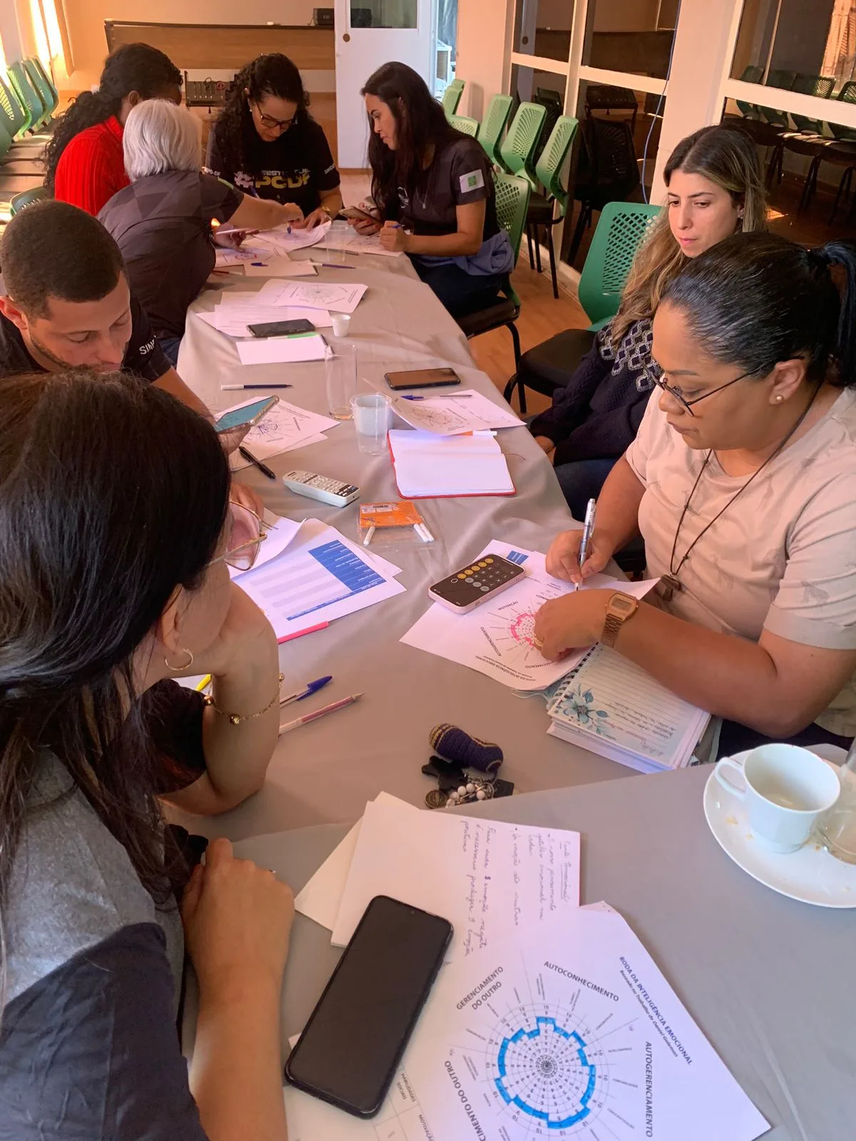 Workshop com atividades em grupo sobre mesas